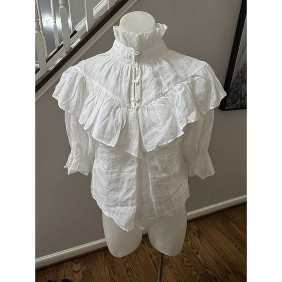 FRAME Ruffle Flounce High Neck Button Top Blouse White Size XS - Picture 2 of 5